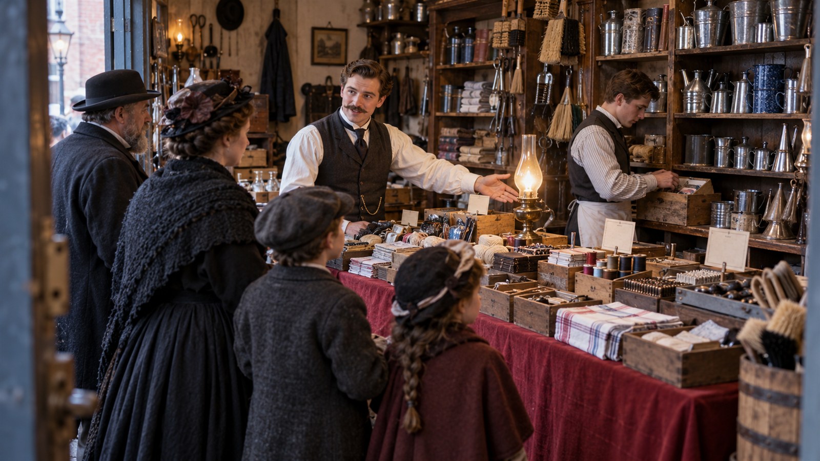 AI reconstruction of Frank Woolworth opening his small five-cent store in Utica on February 22, 1879.