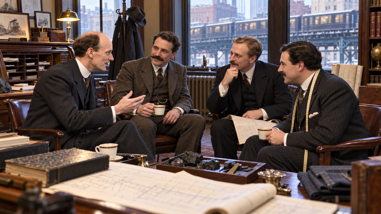 AI reconstruction of four Chicago professionals holding the first Rotary club meeting on February 23, 1905.
