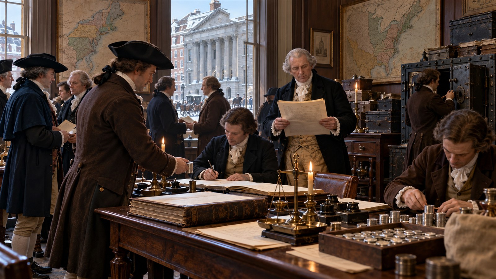 AI reconstruction of subscriptions being organized for the newly chartered First Bank of the United States in February 1791.