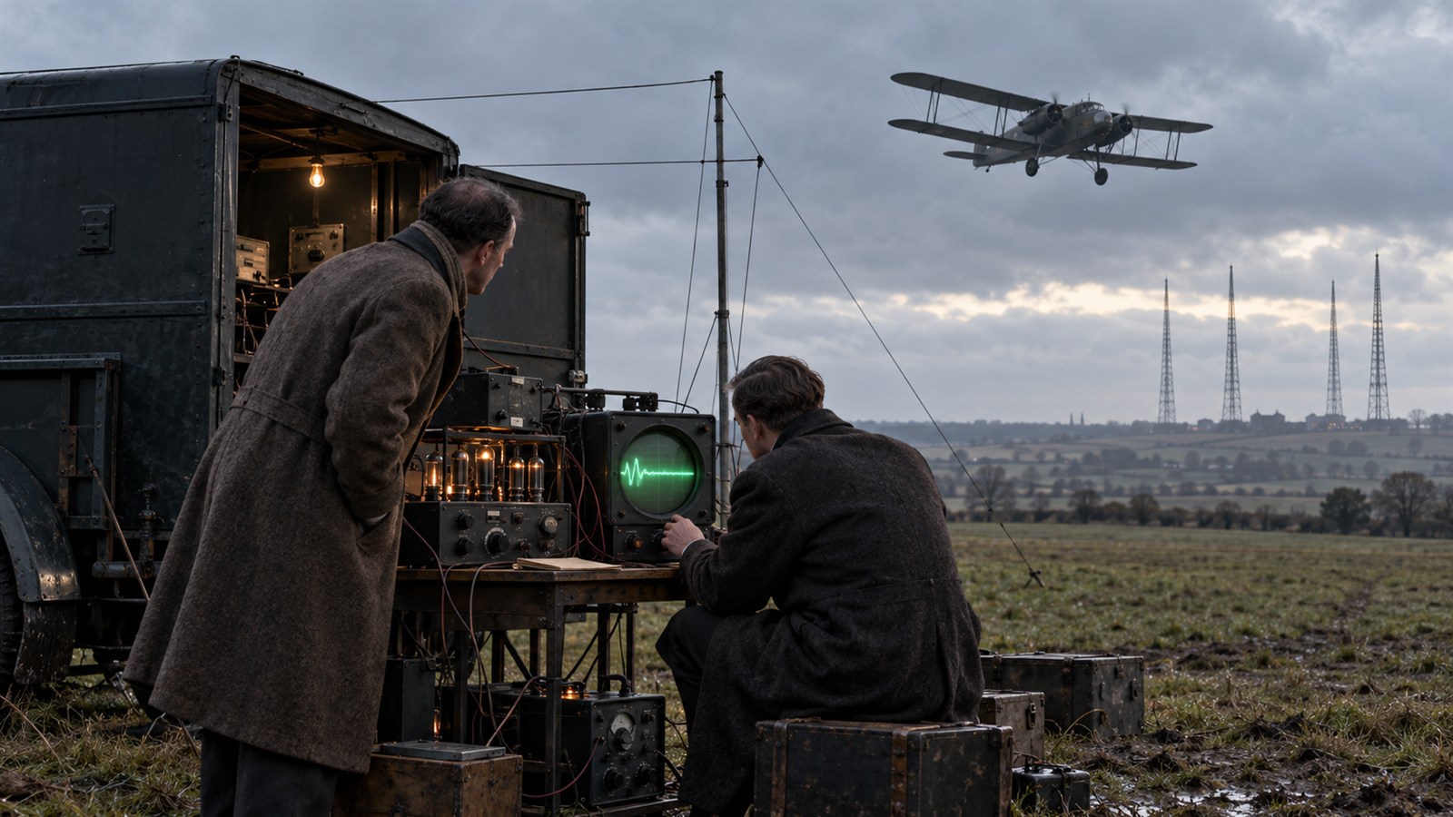 AI reconstruction of the Daventry field experiment detecting a bomber with reflected radio waves on February 26, 1935.