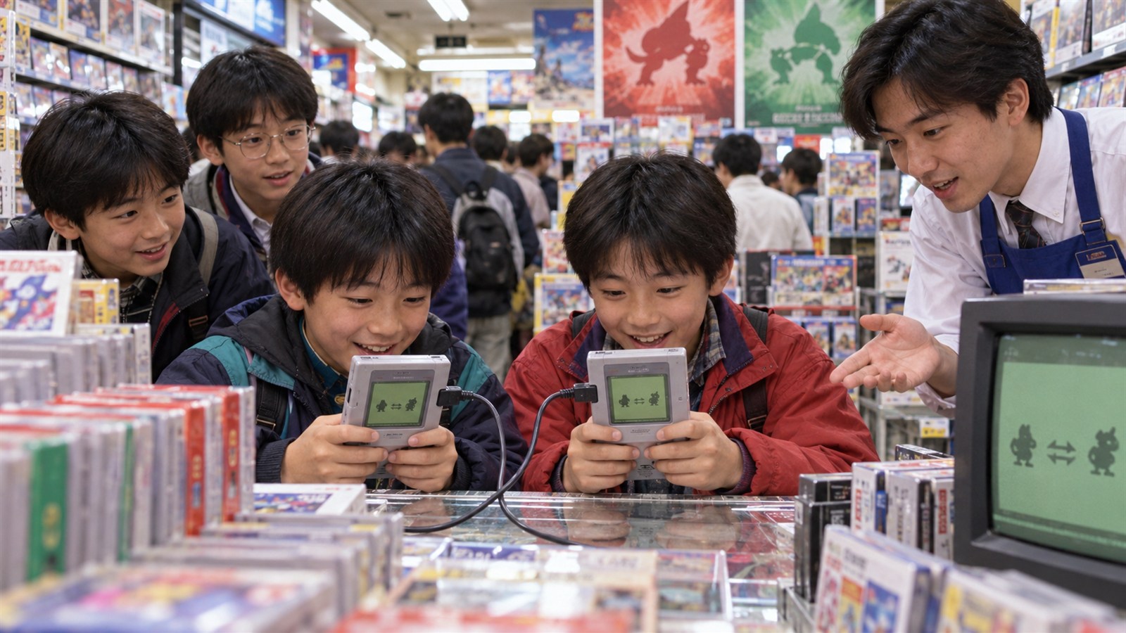 AI reconstruction of children trading creatures between linked handheld games at a Tokyo launch demonstration on February 27, 1996.