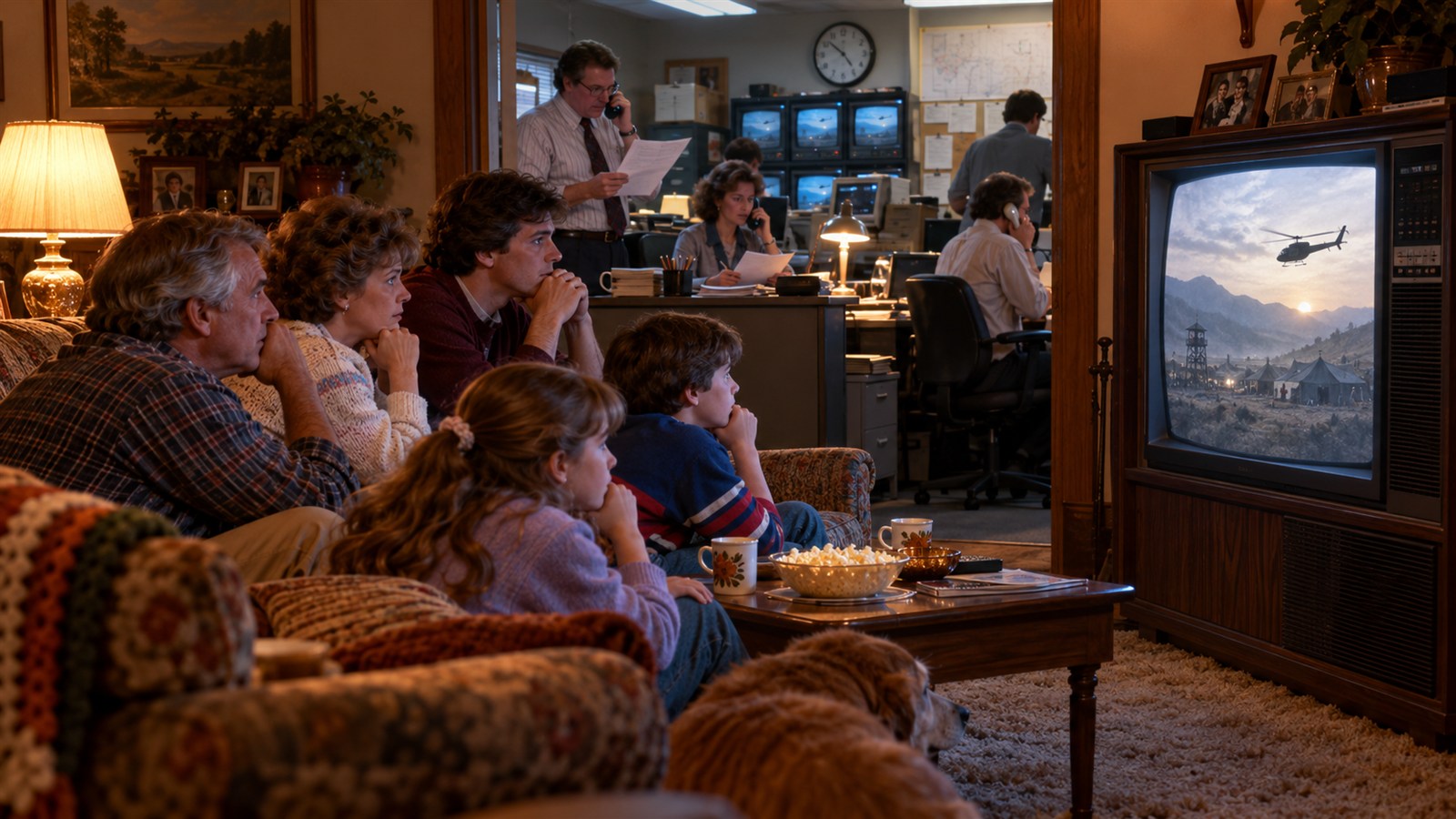 AI reconstruction of an American family and television staff experiencing the record-setting MASH finale on February 28, 1983.