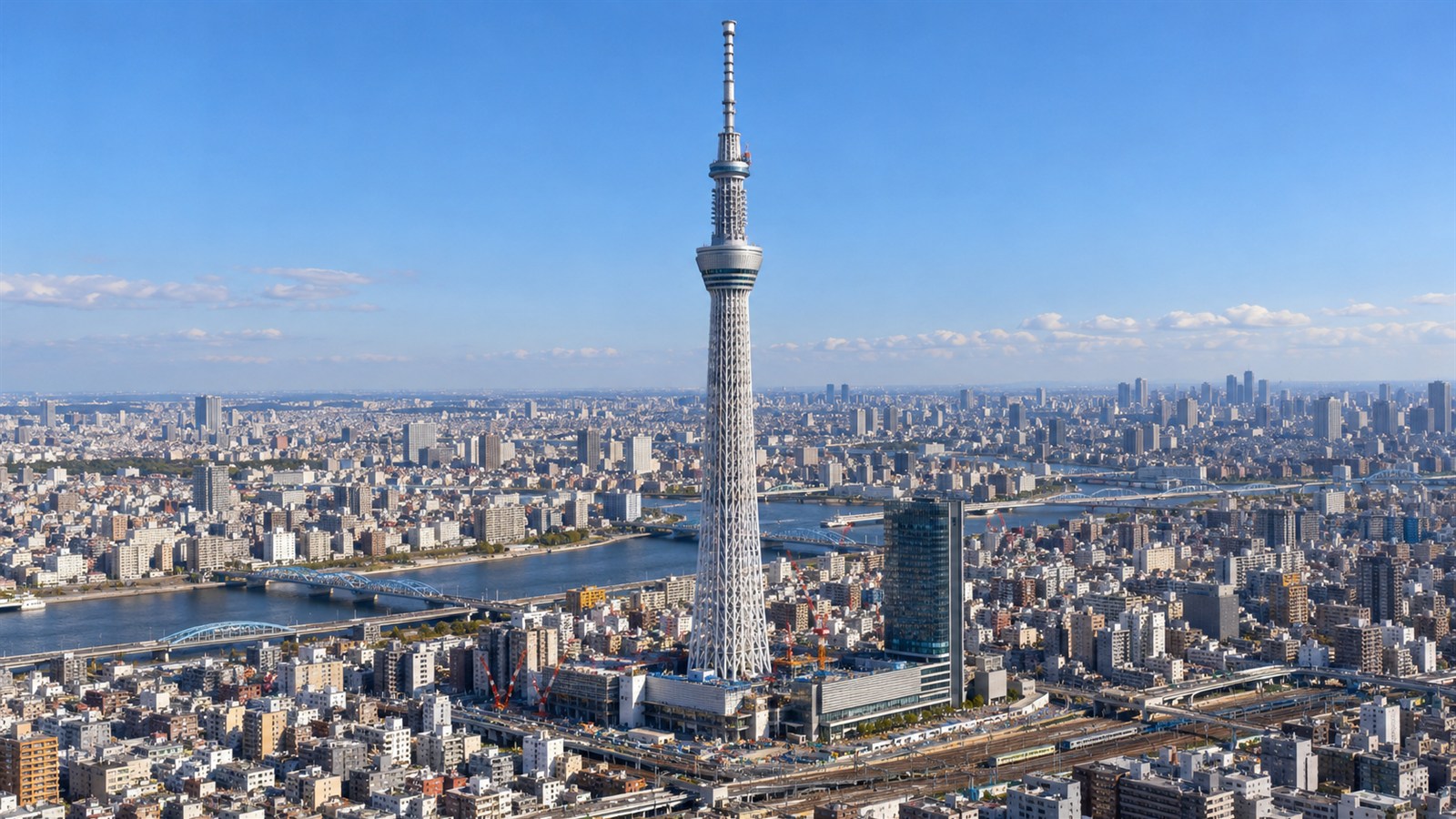 AI reconstruction of Tokyo Skytree at completion above the Sumida district on February 29, 2012.