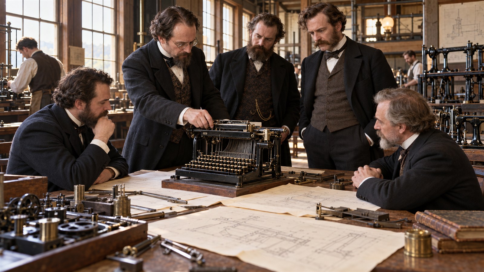 AI reconstruction of Remington managers examining an early typewriter in an 1873 factory office.