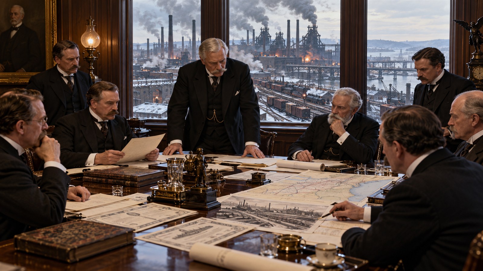 AI reconstruction of financiers organizing U.S. Steel in a 1901 boardroom.