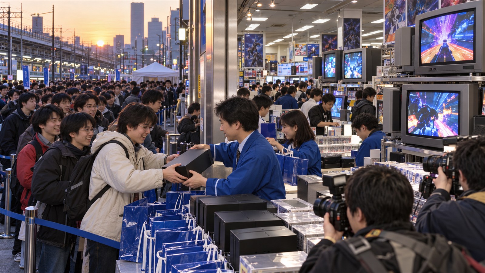 AI reconstruction of shoppers at the Japanese launch of PlayStation 2 in 2000.