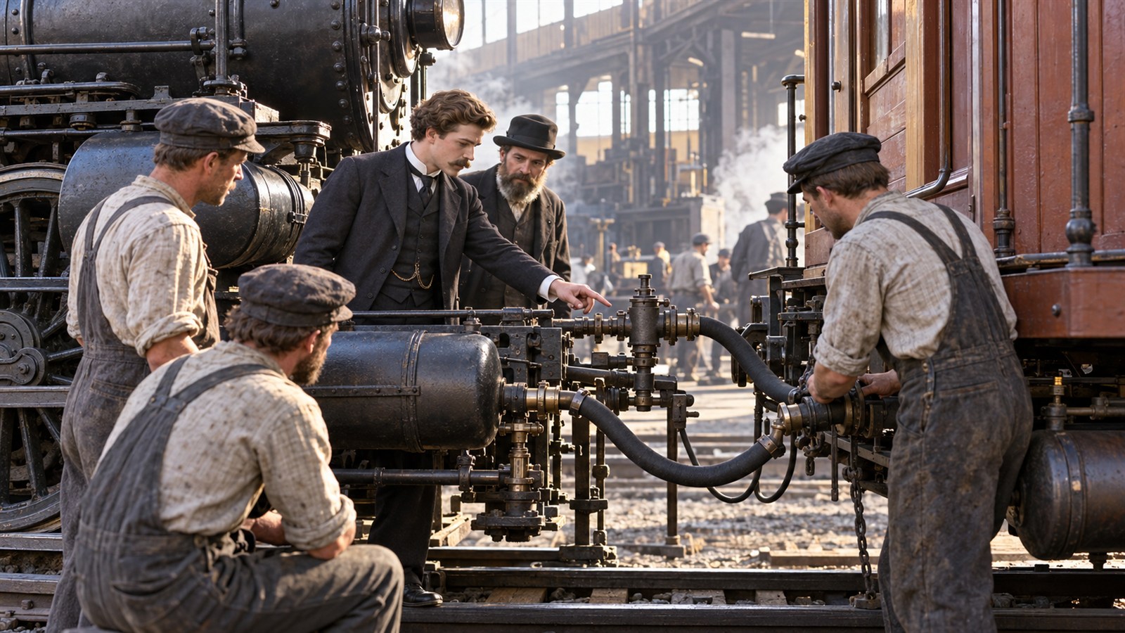 AI reconstruction of George Westinghouse demonstrating an automatic railroad air brake in 1872.