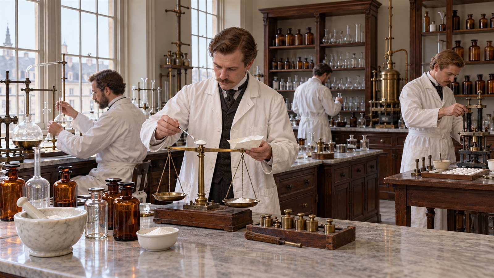AI reconstruction of chemists preparing early aspirin in a German laboratory in 1899.