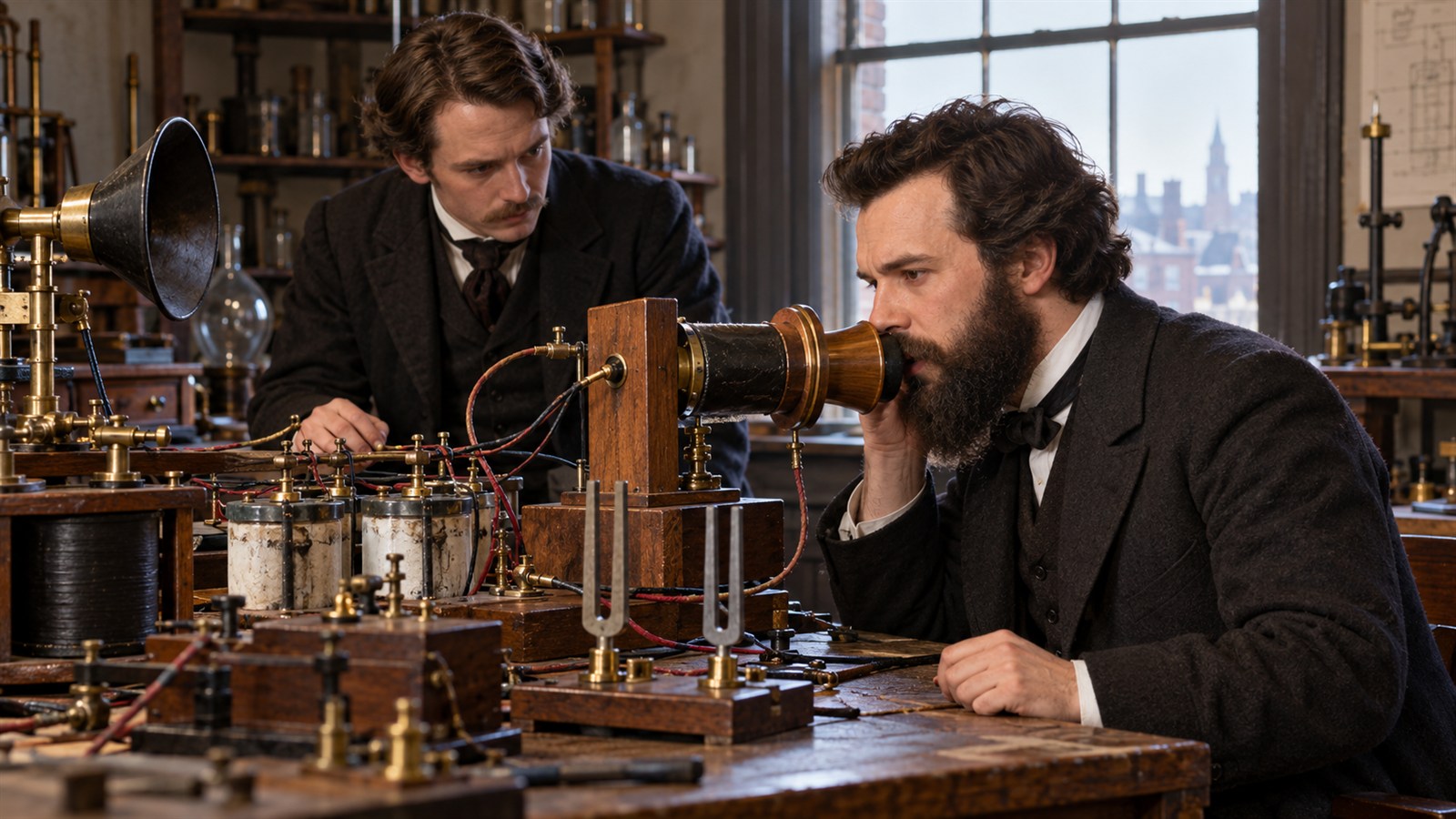 AI reconstruction of Alexander Graham Bell testing an early telephone in 1876.