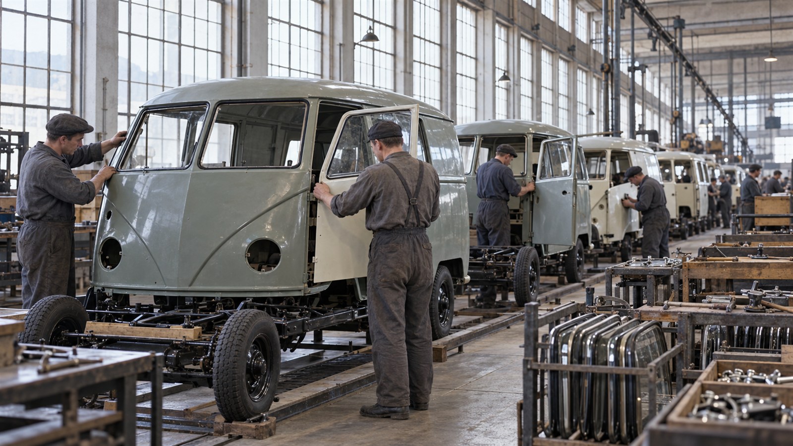 AI reconstruction of early Volkswagen Transporter production at Wolfsburg in 1950.