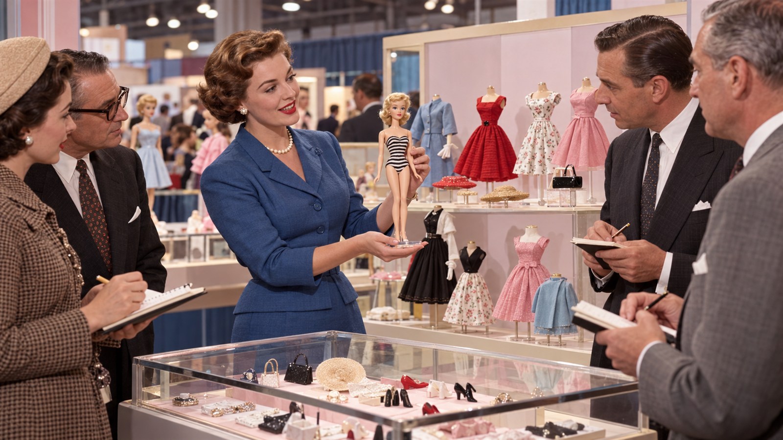 AI reconstruction of Ruth Handler presenting a fashion doll at the 1959 New York Toy Fair.