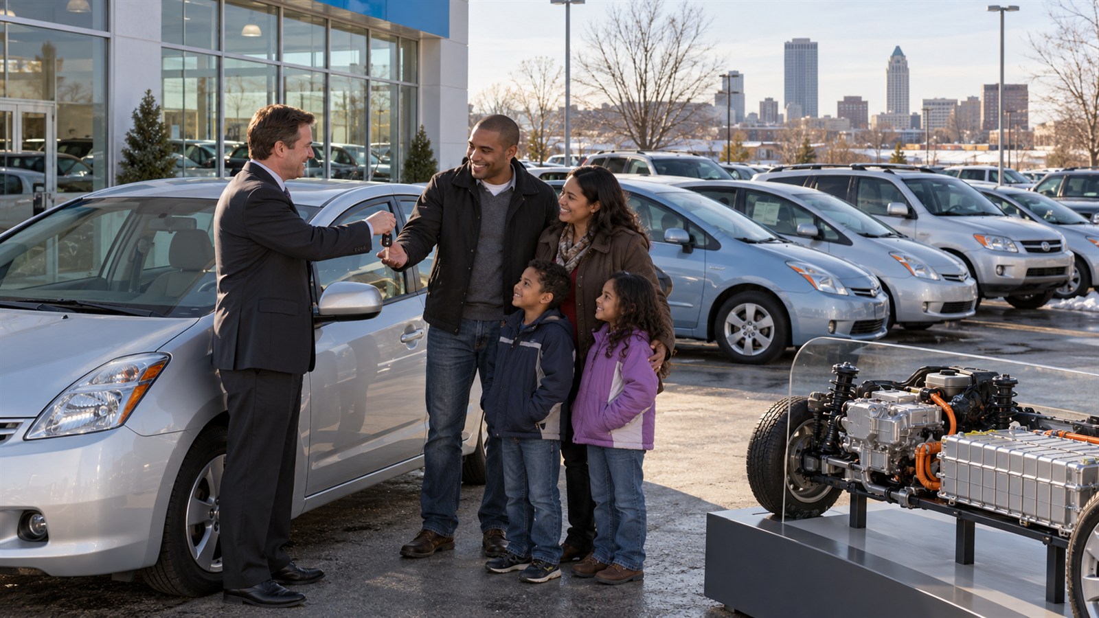 AI reconstruction of a U.S. customer receiving a hybrid vehicle in 2009 as Toyota sales pass one million.