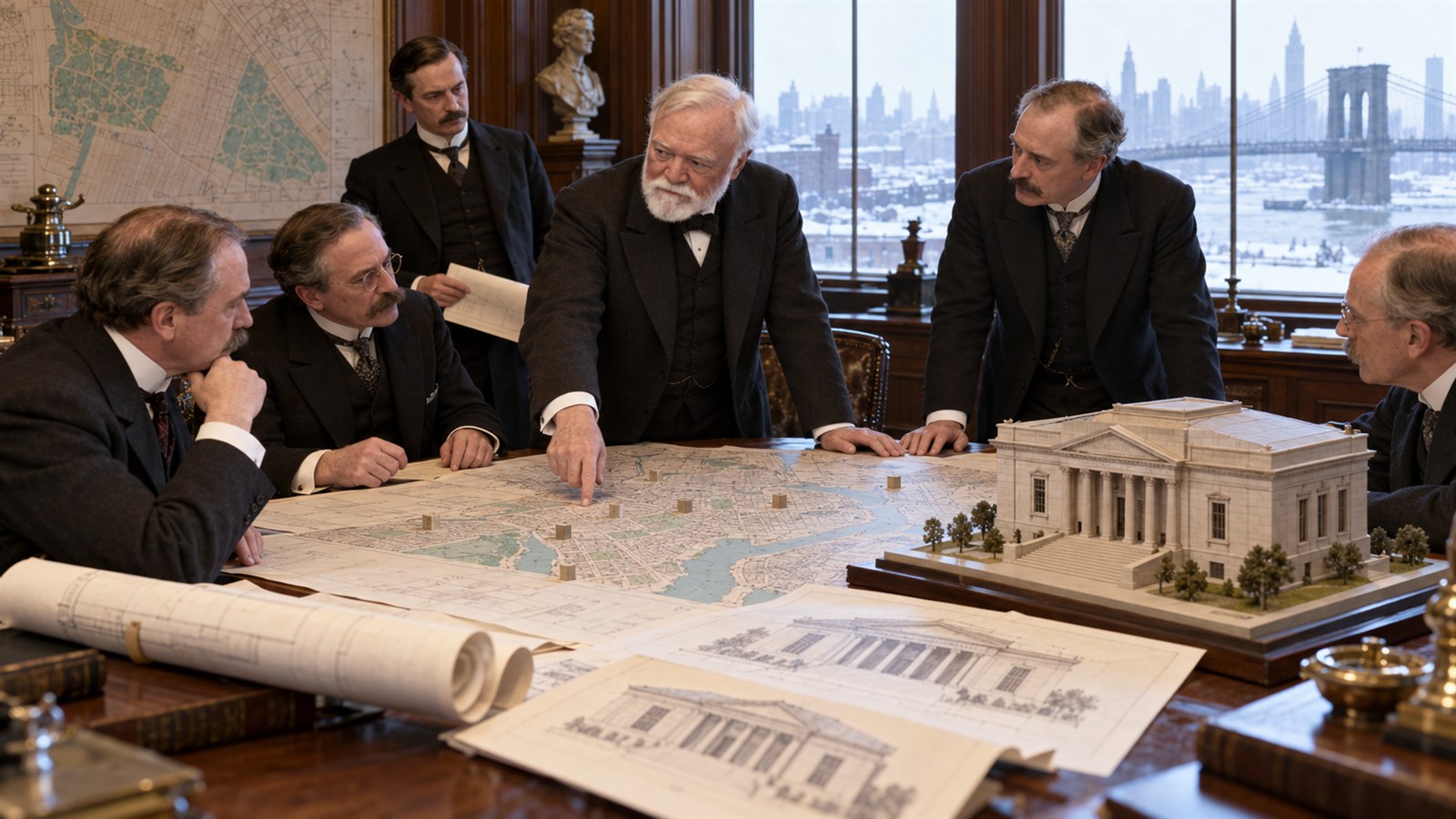 AI reconstruction of Andrew Carnegie discussing New York branch library plans in 1901.