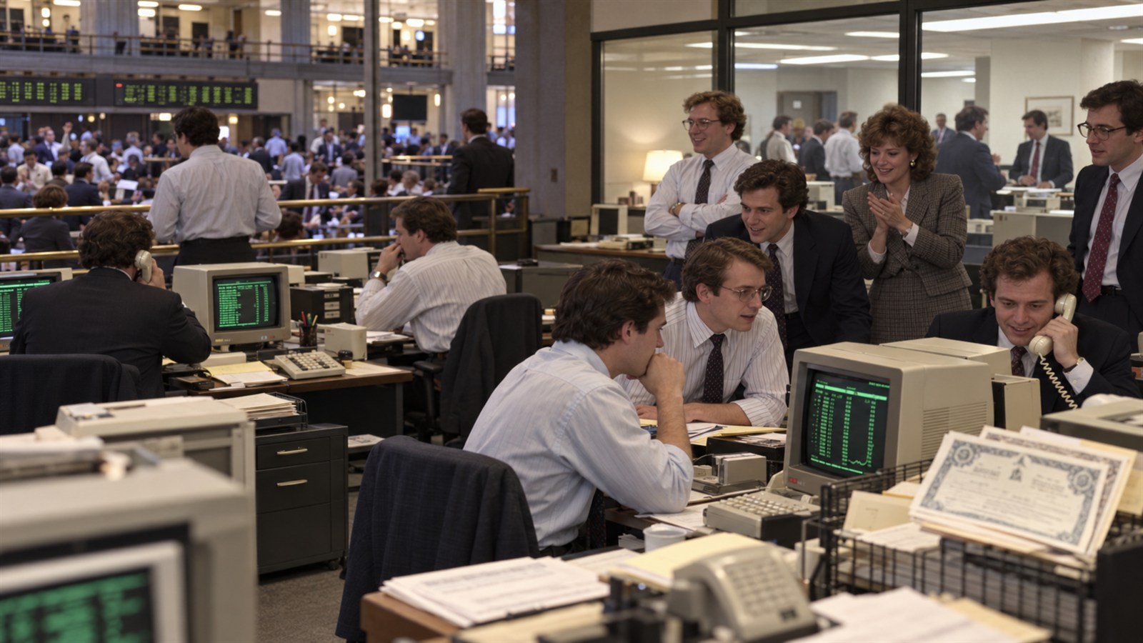 AI reconstruction of Microsoft's employees watching the company's 1986 stock-market debut.