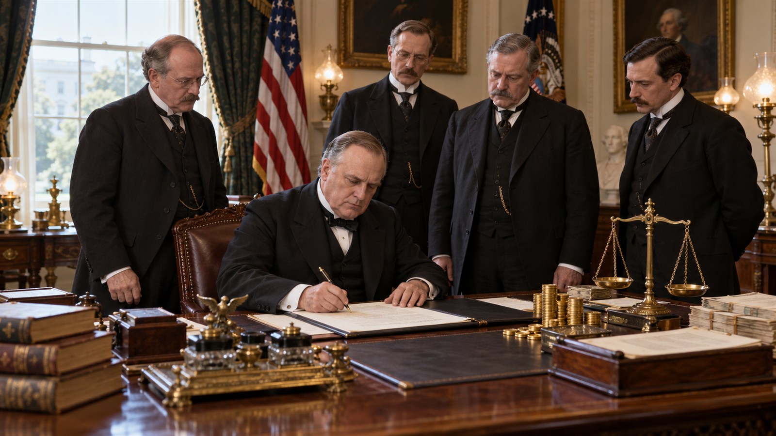 AI reconstruction of President William McKinley signing the Gold Standard Act in 1900.
