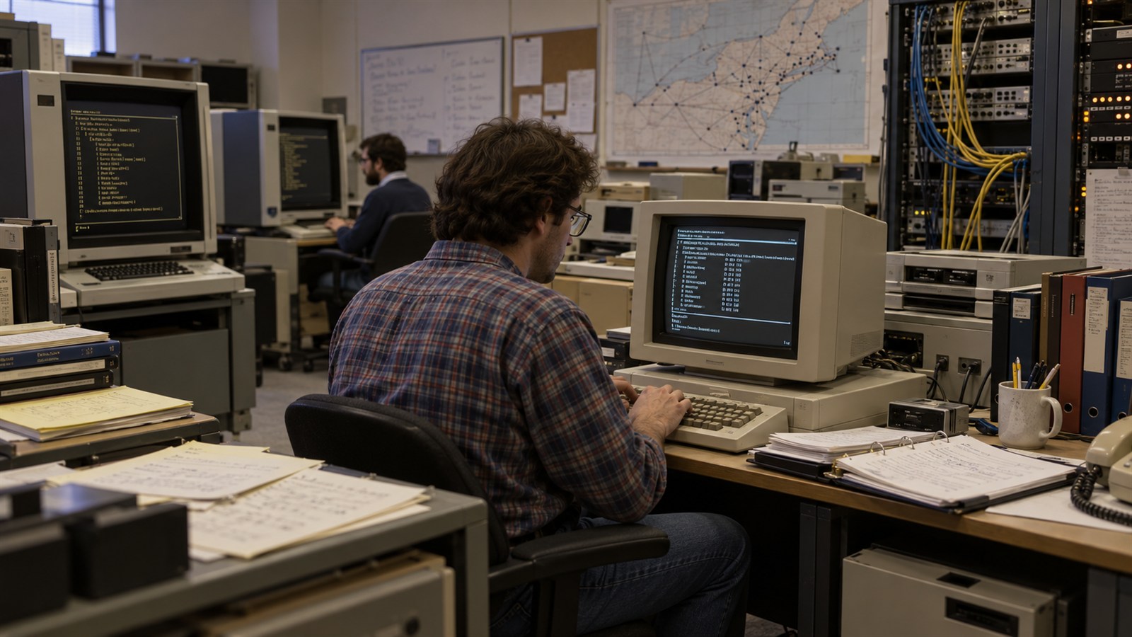 AI reconstruction of the first .com domain registration in a 1985 computer laboratory.
