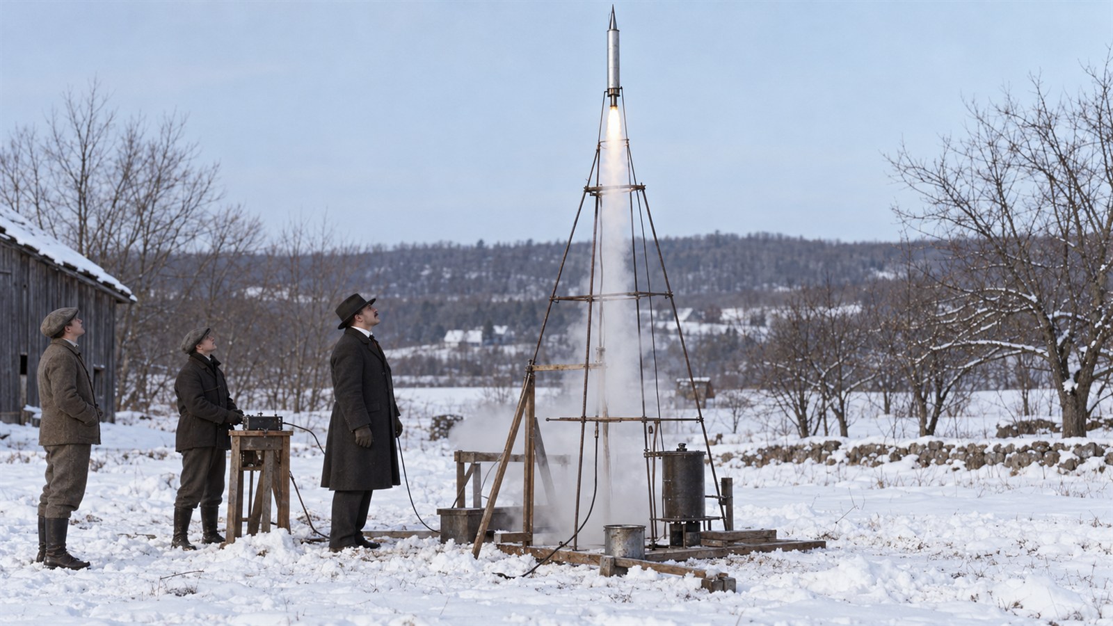 AI reconstruction of Robert Goddard's first liquid-fueled rocket launch in 1926.