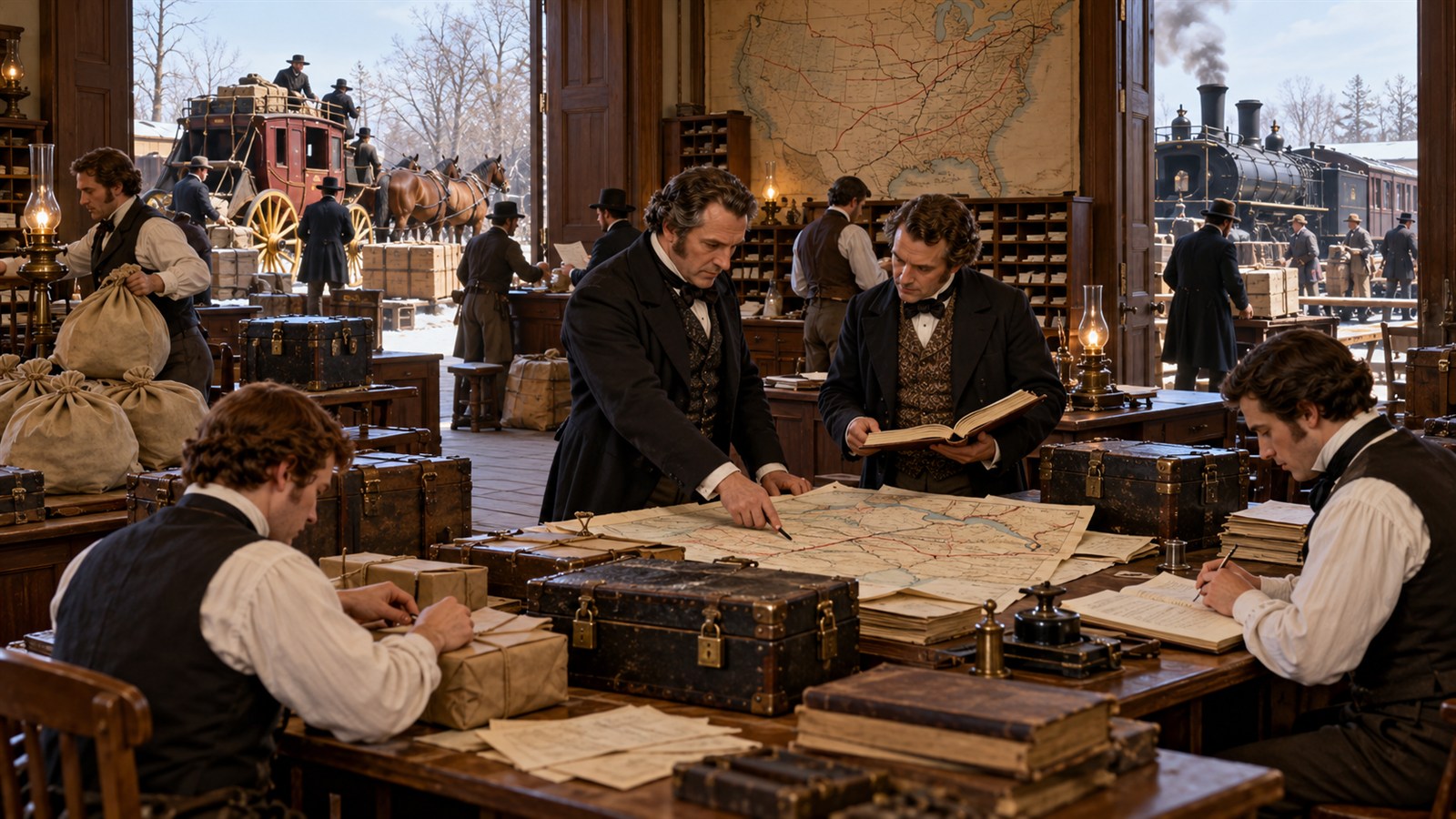 AI reconstruction of an American express office at the founding of American Express in 1850.