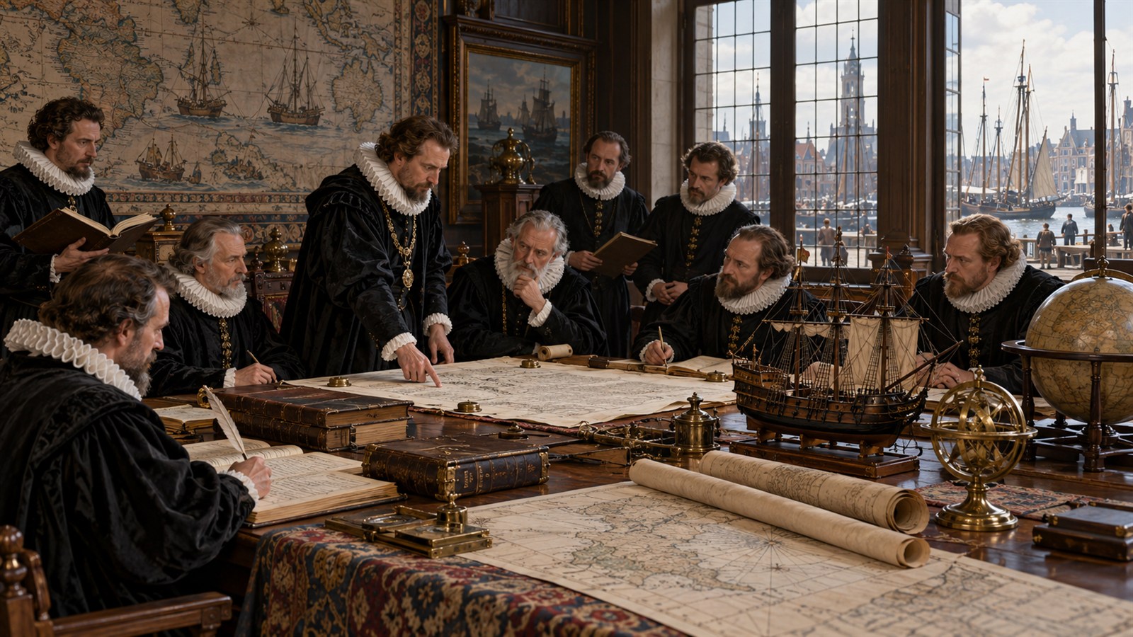 AI reconstruction of Dutch officials and merchants receiving the VOC charter in 1602.