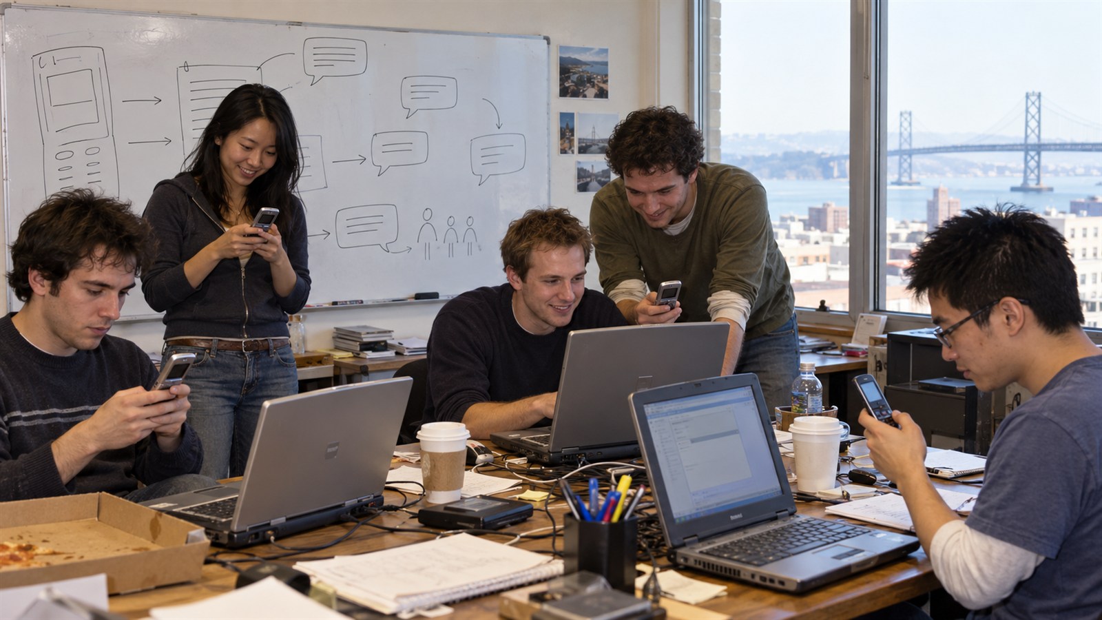 AI reconstruction of developers testing the first Twitter message in a 2006 startup office.