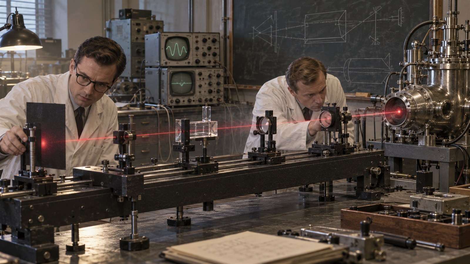 AI reconstruction of researchers developing early laser technology in a 1960 laboratory.