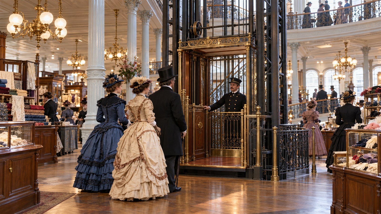 AI reconstruction of the first commercial Otis passenger elevator in a New York store in 1857.