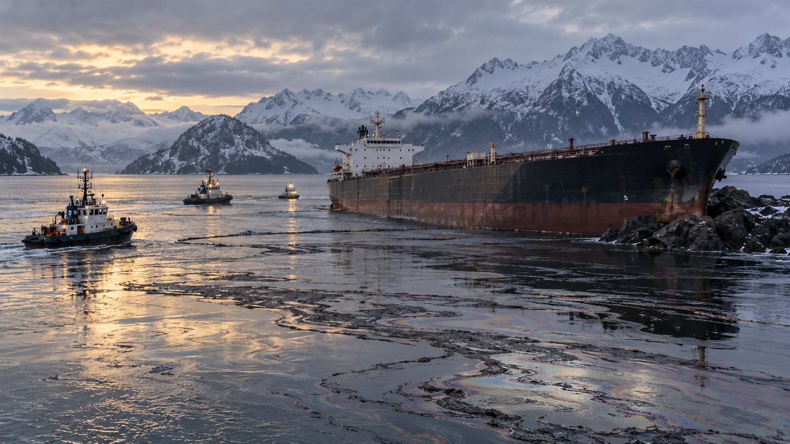 AI reconstruction of the Exxon Valdez grounded in Prince William Sound as response vessels approach in 1989.