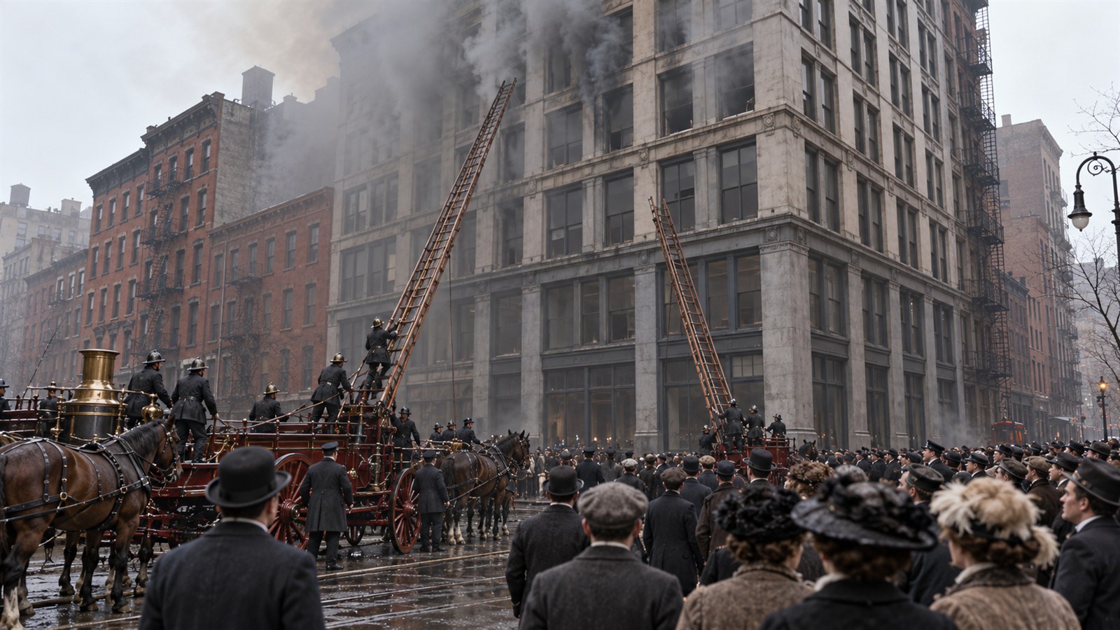 AI reconstruction of firefighters and citizens outside the Triangle factory during the 1911 fire, with no victims shown.