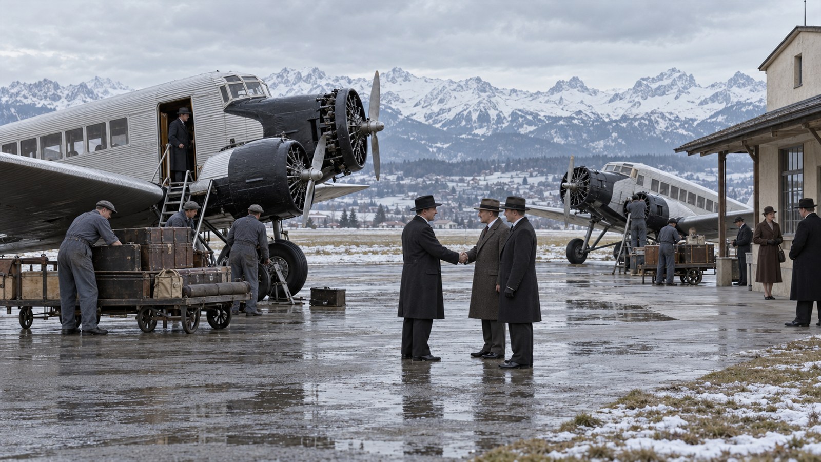 AI reconstruction of the 1931 merger that created Swissair at a Swiss airfield.