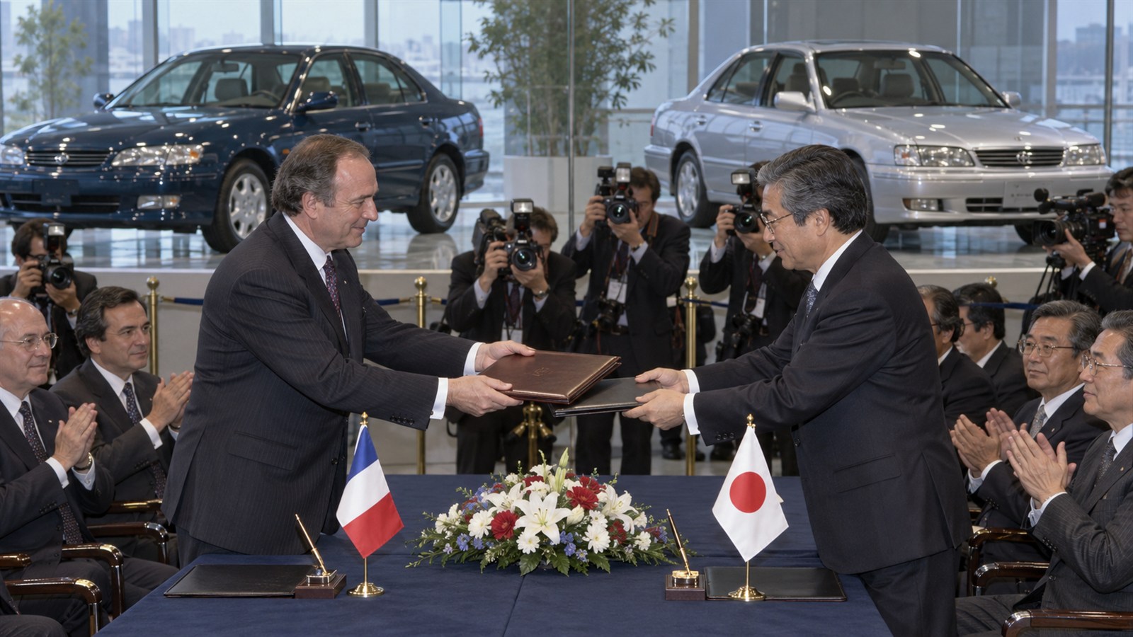 AI reconstruction of French and Japanese executives signing the Renault-Nissan alliance in 1999.