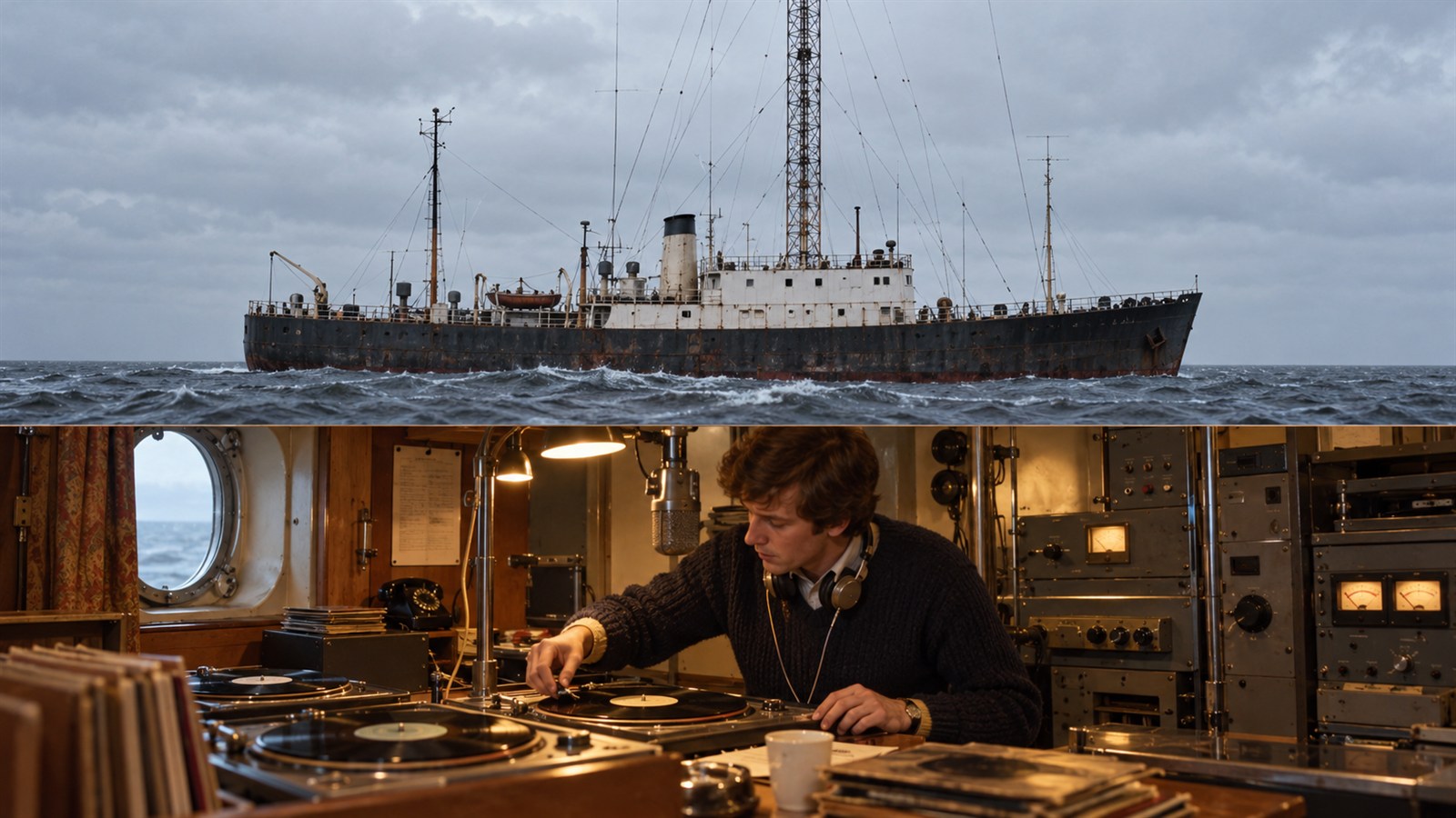 AI reconstruction of Radio Caroline broadcasting from an offshore ship in 1964.
