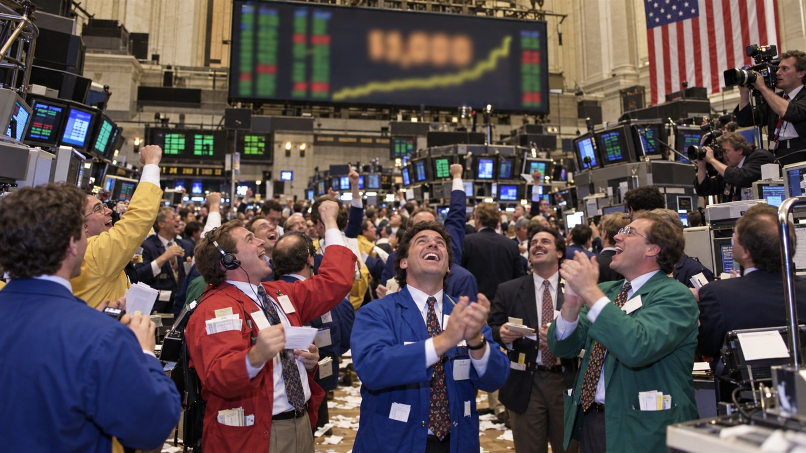 AI reconstruction of traders reacting as the Dow first closes above 10,000 in 1999.
