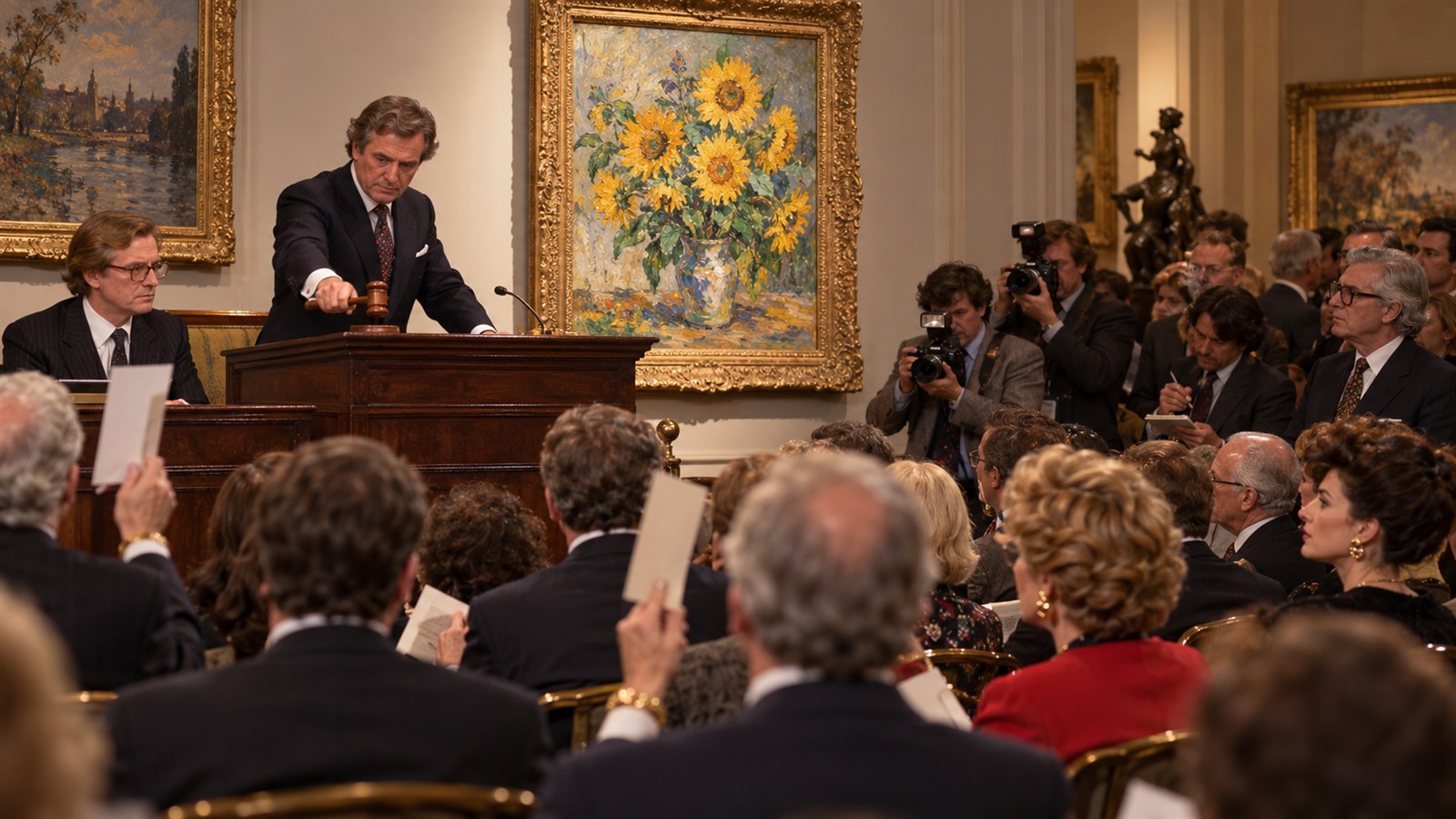 AI reconstruction of the 1987 London auction where a Van Gogh Sunflowers painting set a record.