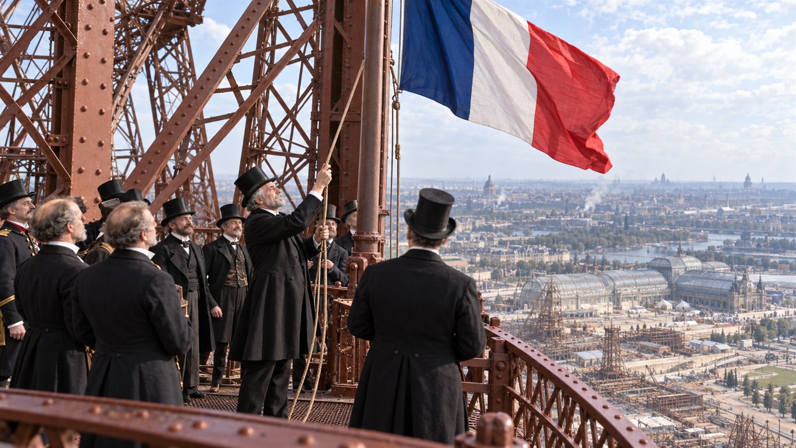 AI reconstruction of Gustave Eiffel raising the French flag at the tower's 1889 inauguration.