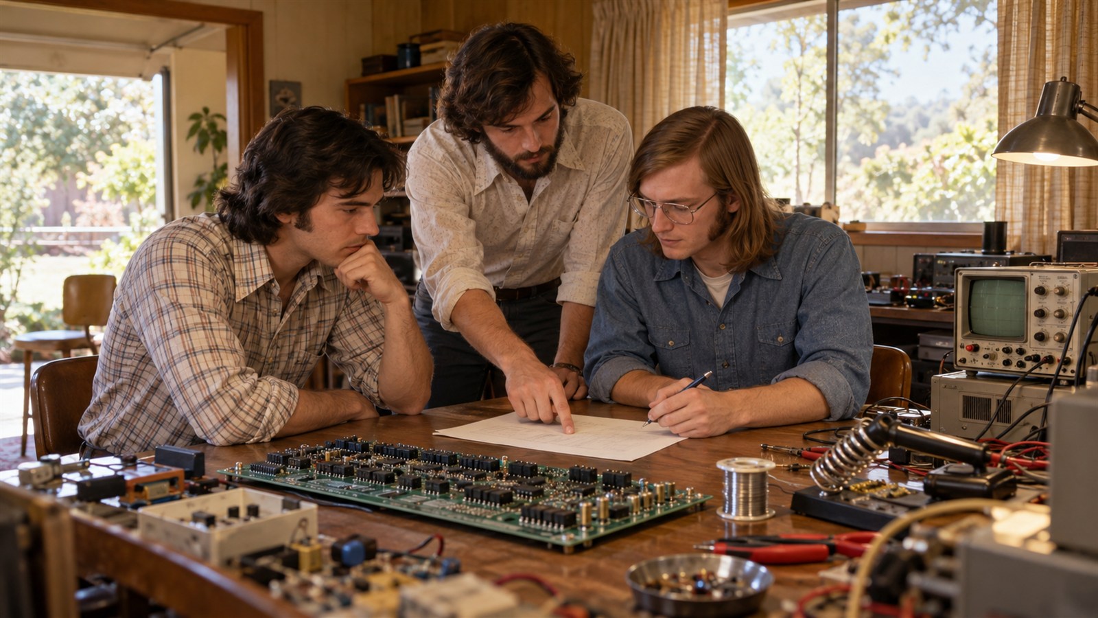 AI reconstruction of Apple's founders organizing the company beside an early computer board in 1976.