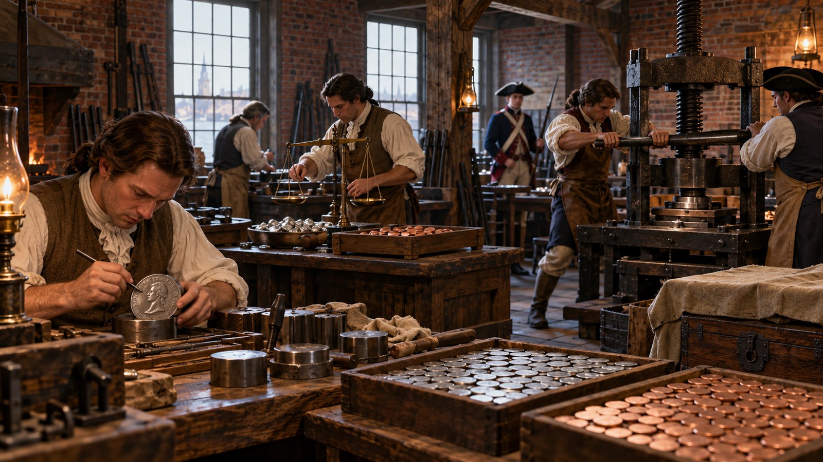 AI reconstruction of workers preparing early U.S. coinage in the Philadelphia Mint.