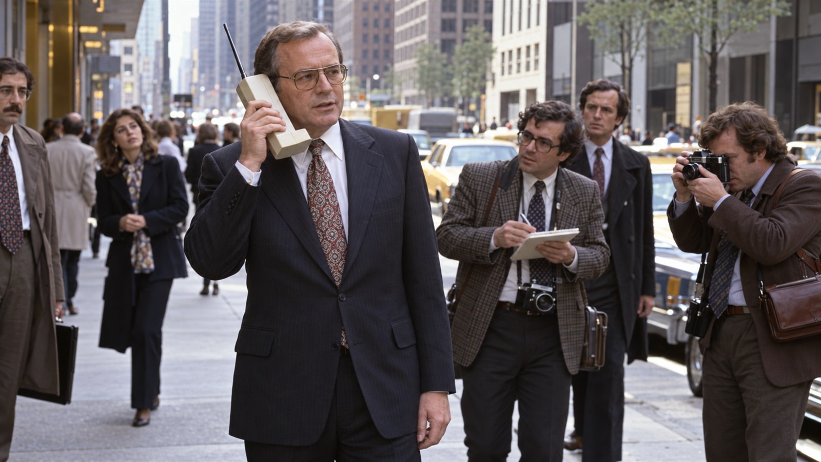 AI reconstruction of the first public handheld cellular call on a Manhattan sidewalk in 1973.