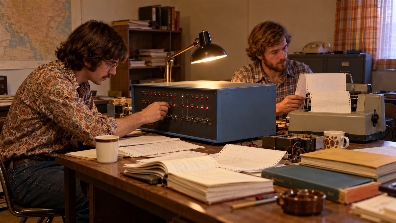 AI reconstruction of Microsoft’s founders developing early microcomputer software in 1975.