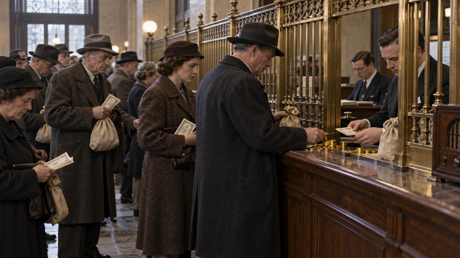 AI reconstruction of Americans exchanging monetary gold at a bank after Roosevelt's 1933 order.