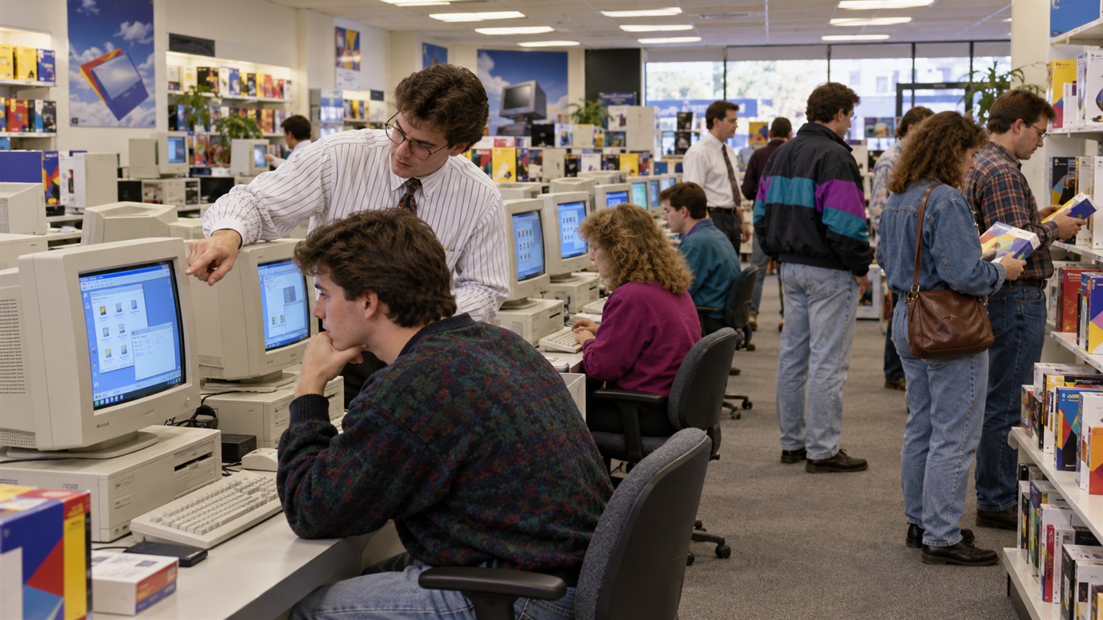 AI reconstruction of customers seeing Windows 3.1 on personal computers in 1992.