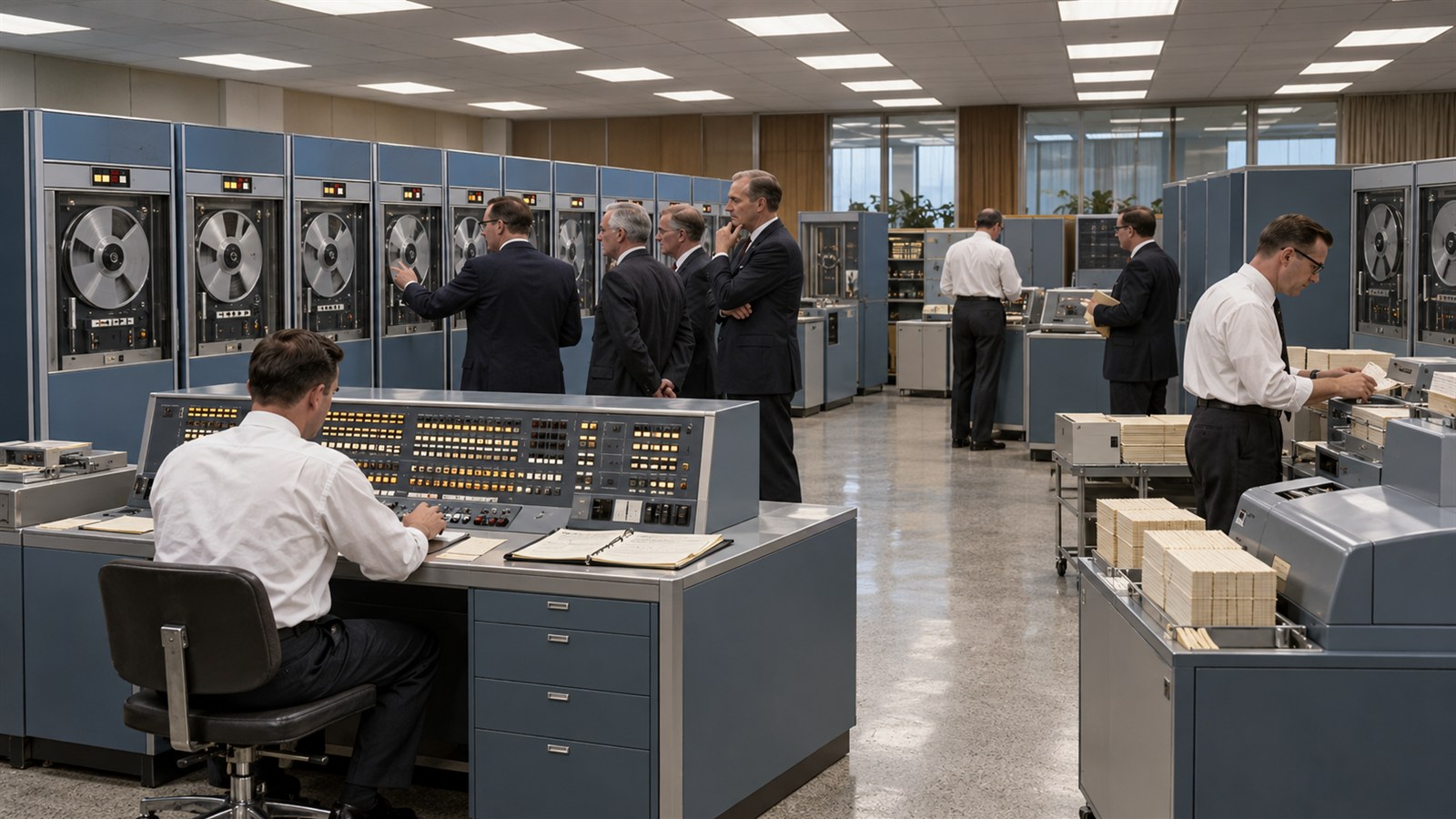 AI reconstruction of IBM engineers unveiling the System/360 mainframe family in 1964.