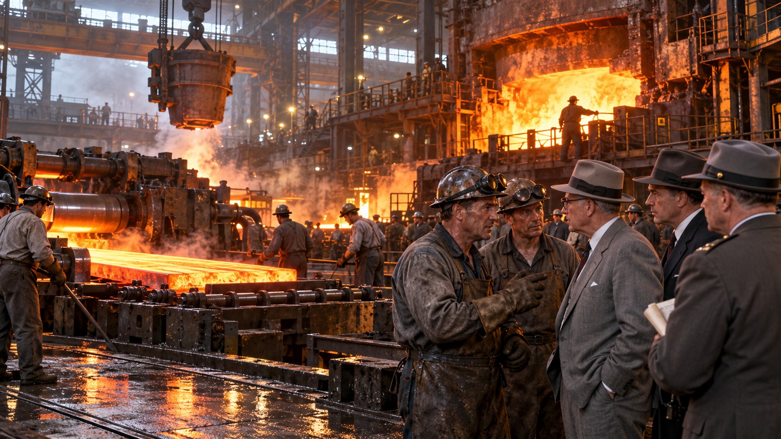 AI reconstruction of federal officials entering a steel mill during Truman's 1952 seizure order.