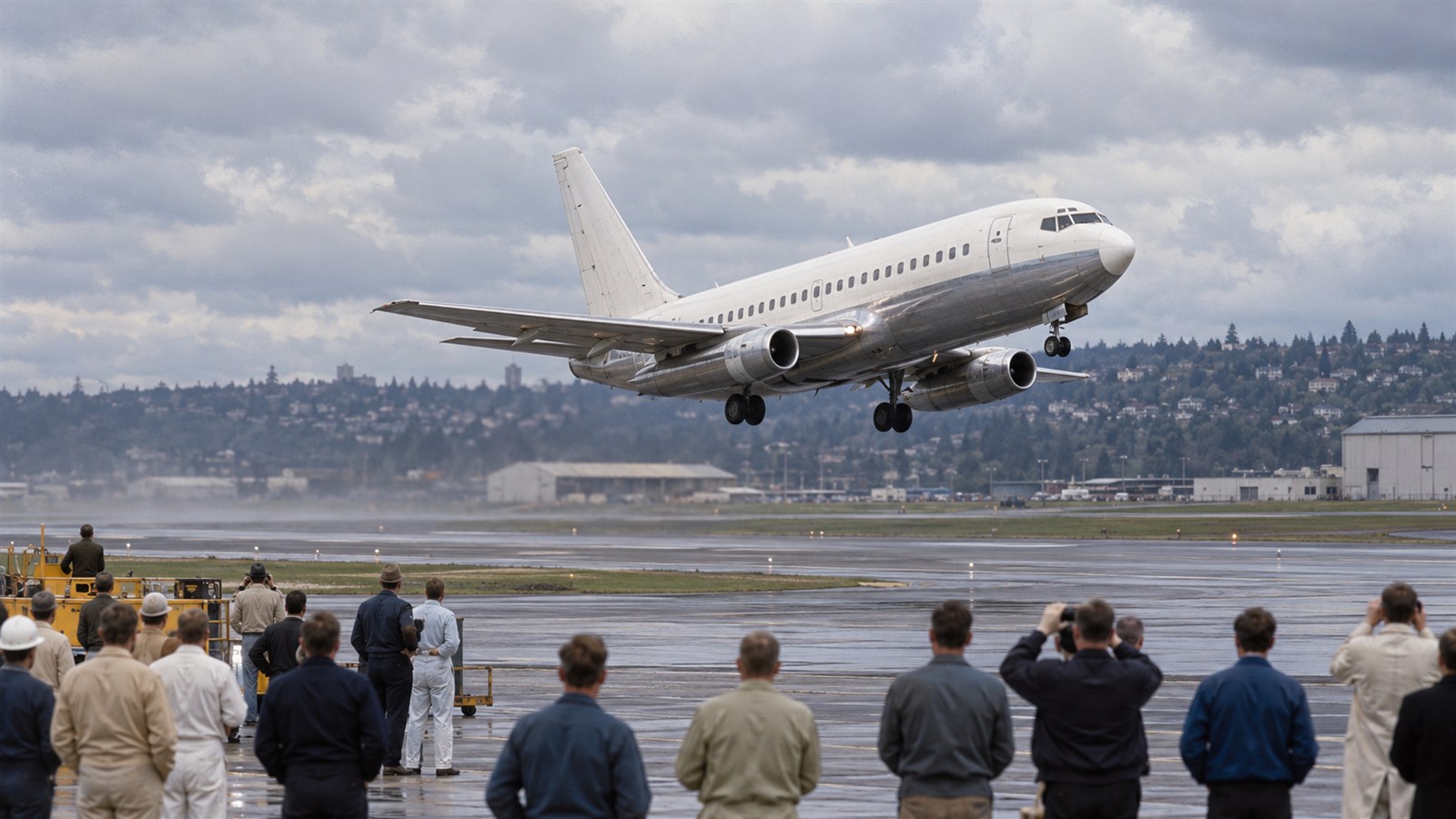 AI reconstruction of the first Boeing 737 taking off on its 1967 maiden flight.