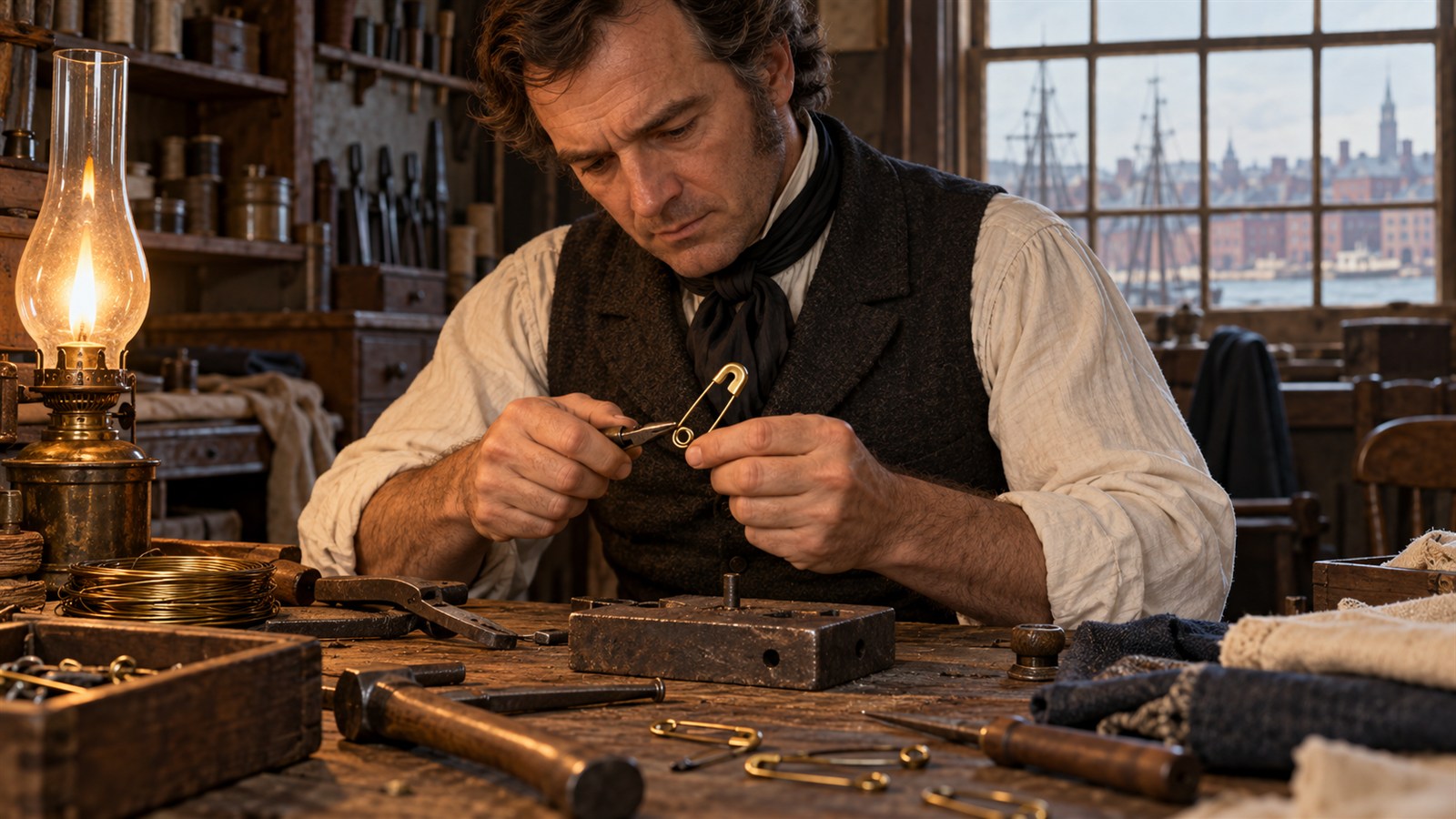 AI reconstruction of Walter Hunt shaping the first safety-pin design in his 1849 workshop.