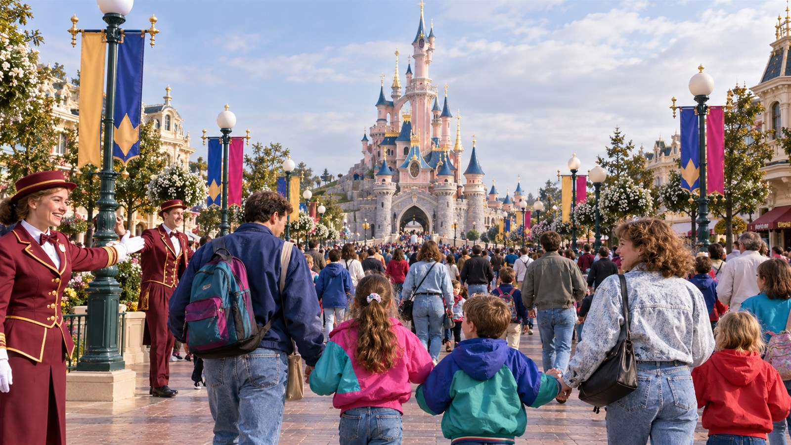 AI reconstruction of opening-day crowds entering Euro Disney near Paris in 1992.