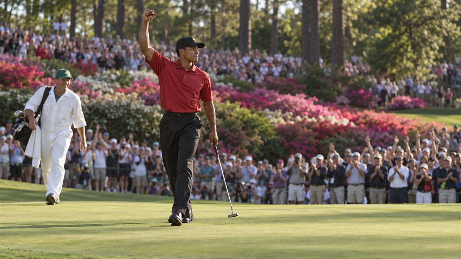 AI reconstruction of Tiger Woods celebrating his landmark 1997 Masters victory.