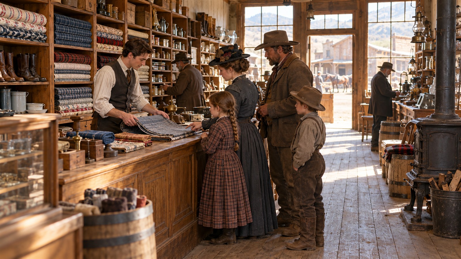 AI reconstruction of James Cash Penney serving customers in his first Wyoming store in 1902.