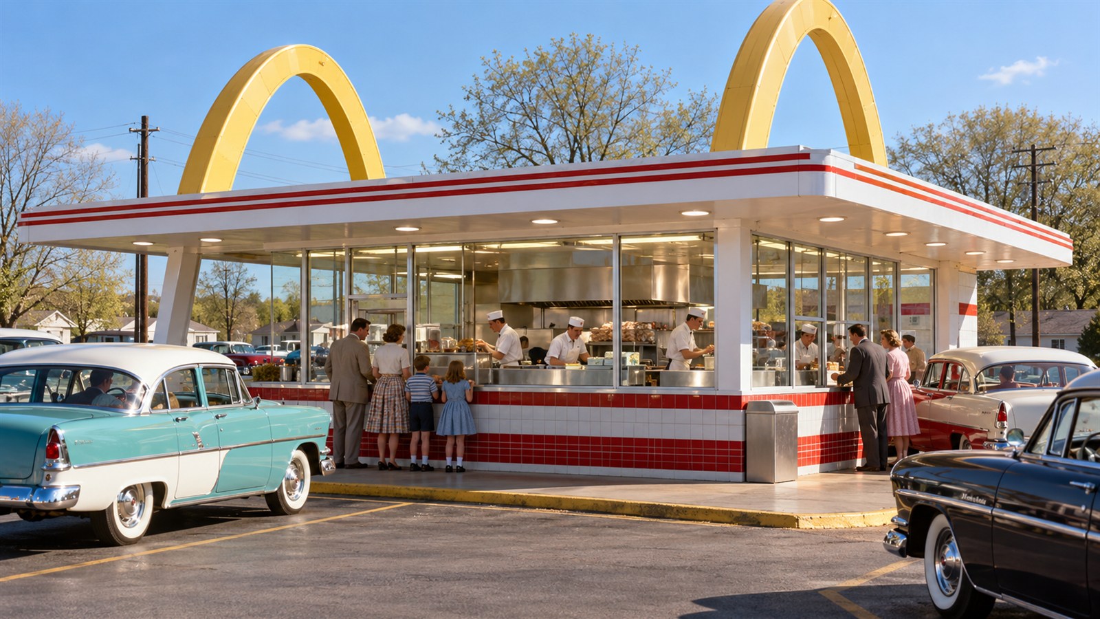 AI reconstruction of Ray Kroc's first McDonald's restaurant operating in Des Plaines in 1955.