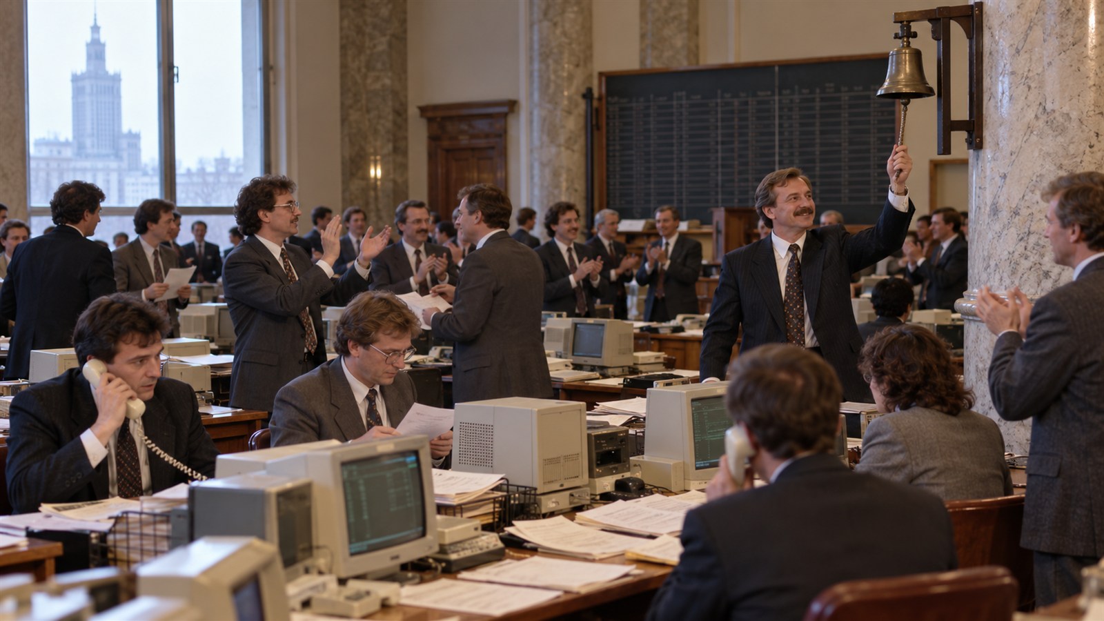 AI reconstruction of the Warsaw Stock Exchange's first 1991 trading session.