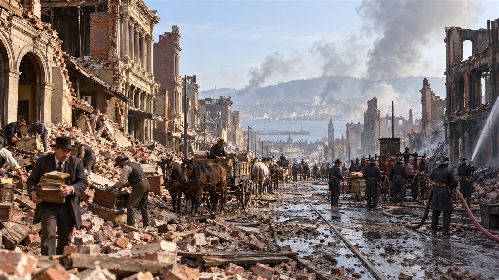 AI reconstruction of San Francisco's commercial district after the 1906 earthquake and fires.